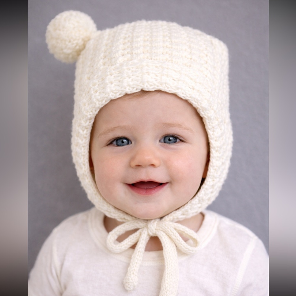 Vintage handmade white knit winter baby bonnet hat